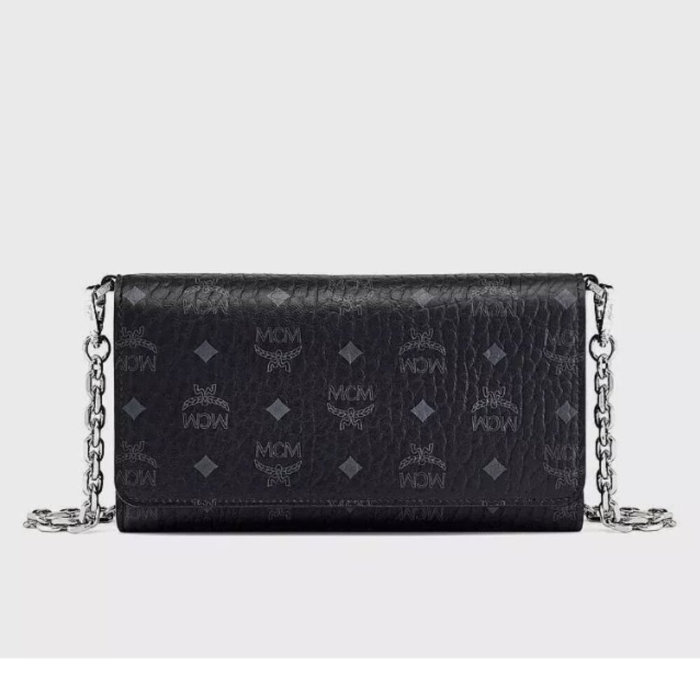 MCM NWOT Aren Leather Crossbody Wallet in Black Visetos